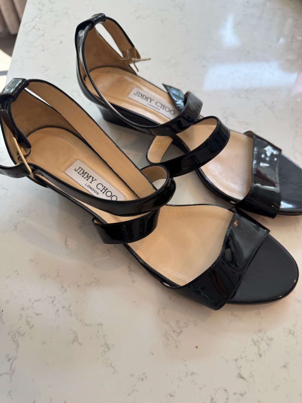 Jimmy Choo Black Patent Leather Double-Strap Sandals